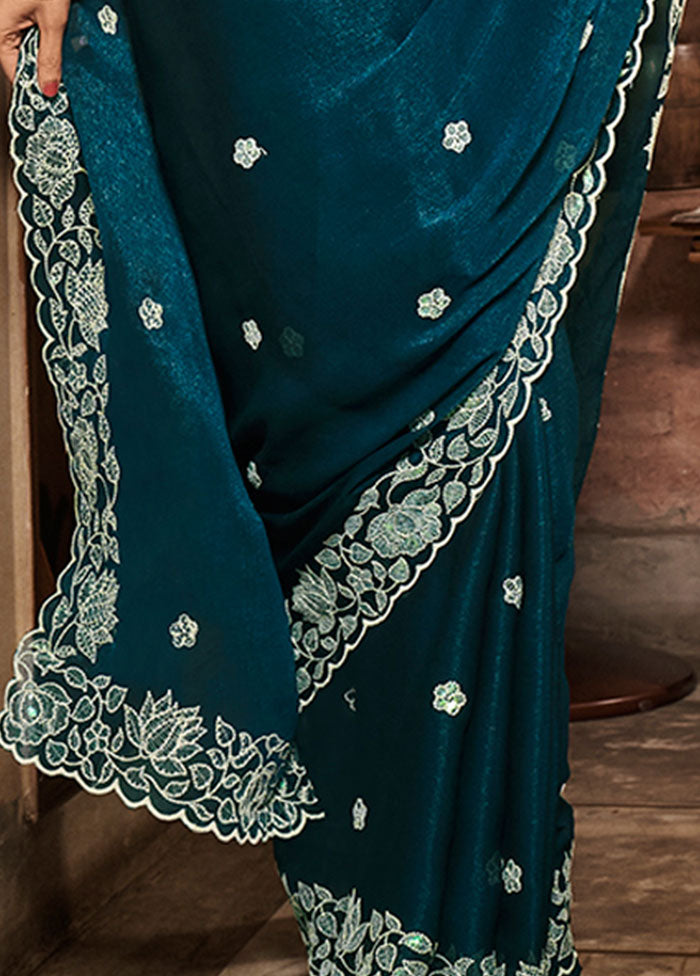 Teal Blue Chiffon Silk Saree With Blouse Piece