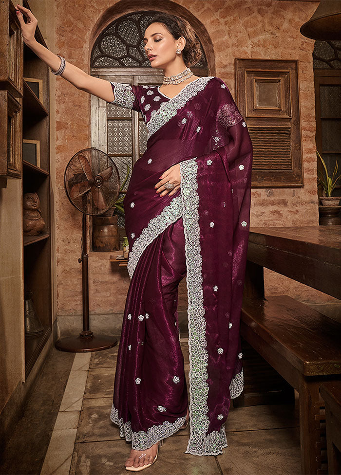 Wine Chiffon Silk Saree With Blouse Piece