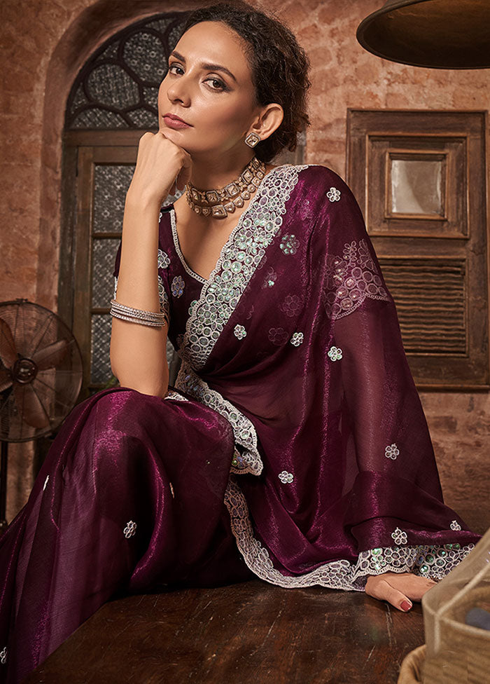 Wine Chiffon Silk Saree With Blouse Piece