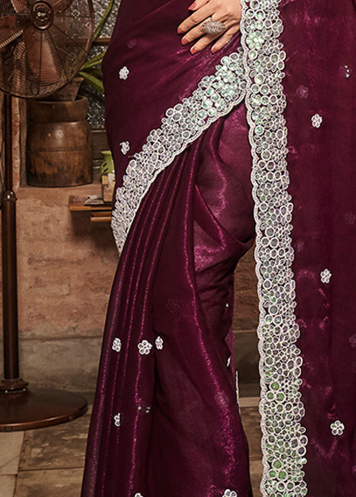 Wine Chiffon Silk Saree With Blouse Piece