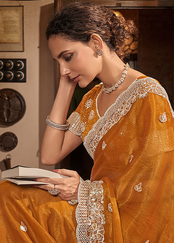 Mustard Chiffon Silk Saree With Blouse Piece