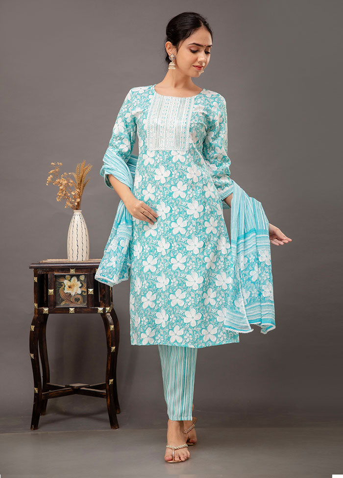 3 Pc Sea Green Readymade Cotton Suit Set