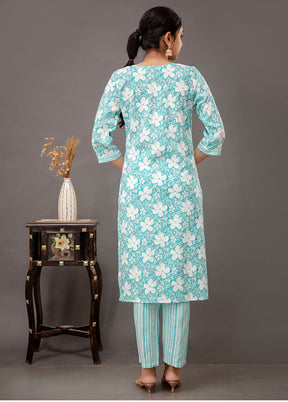 3 Pc Sea Green Readymade Cotton Suit Set