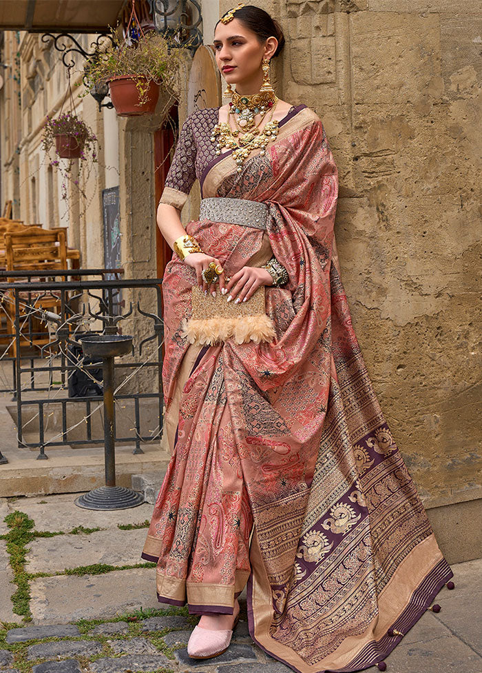 Peach Spun Silk Saree With Blouse Piece