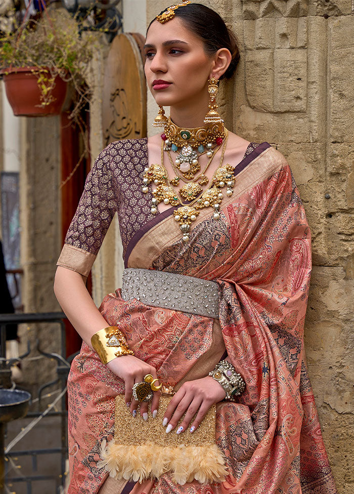 Peach Spun Silk Saree With Blouse Piece