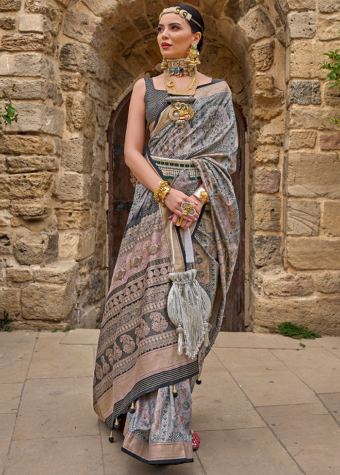 Grey Spun Silk Saree With Blouse Piece