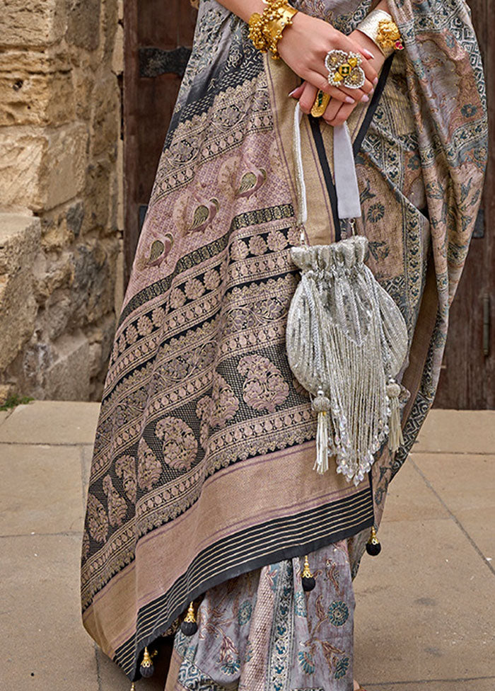 Grey Spun Silk Saree With Blouse Piece