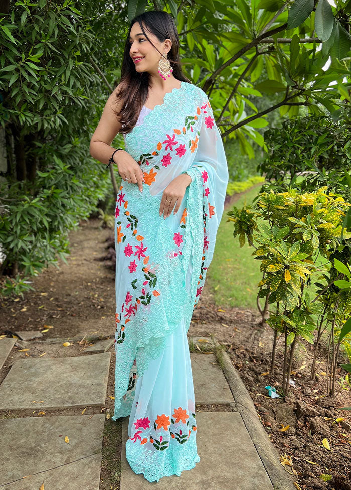 Sky Blue Georgette Saree With Blouse Piece