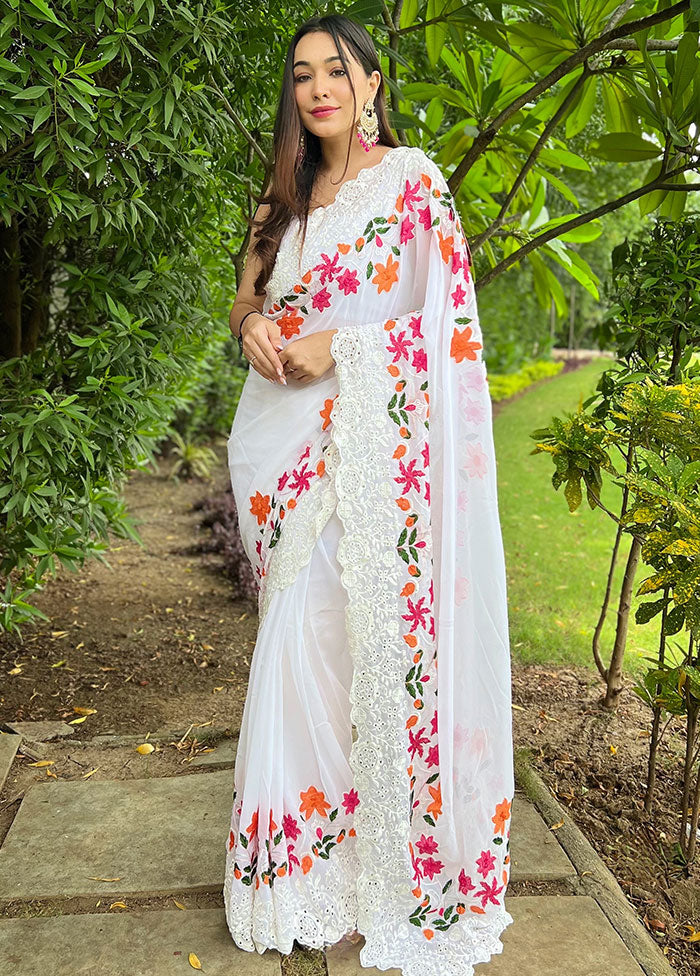 White Georgette Saree With Blouse Piece