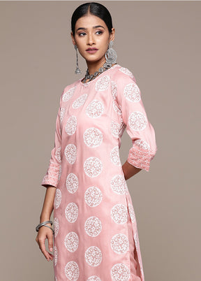 2 Pc Pink Readymade Silk Kurti Set