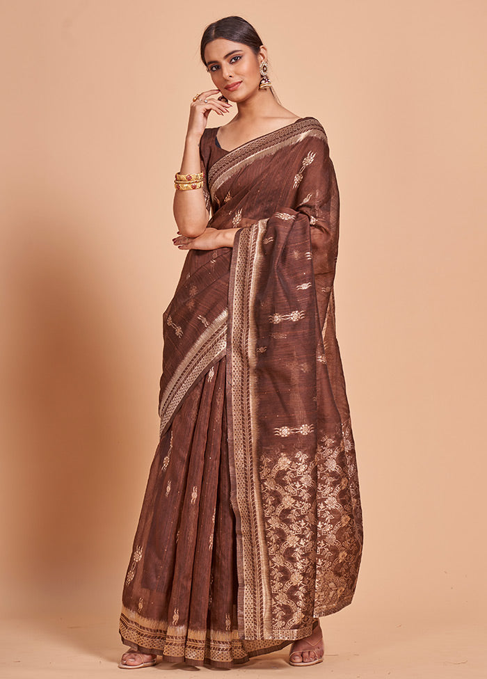 Coffee Cotton Saree With Blouse Piece