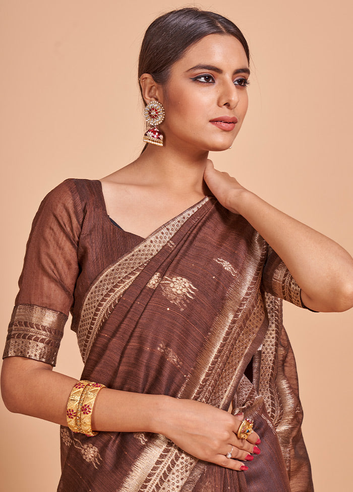 Coffee Cotton Saree With Blouse Piece