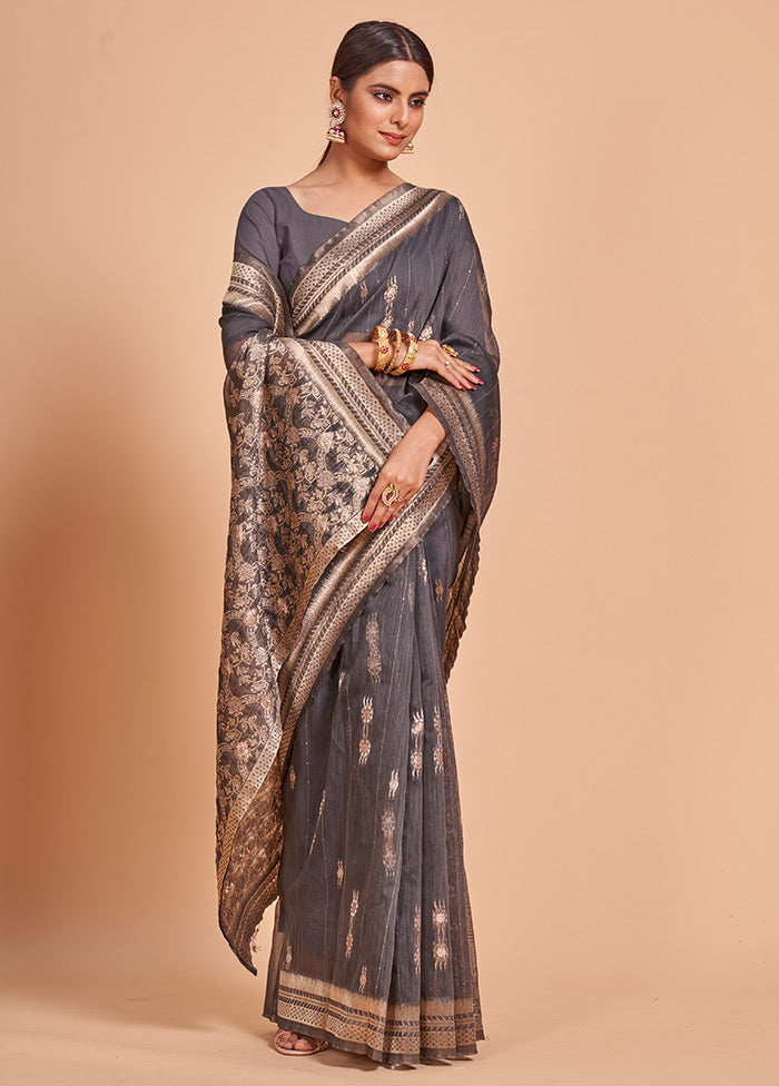 Grey Cotton Saree With Blouse Piece