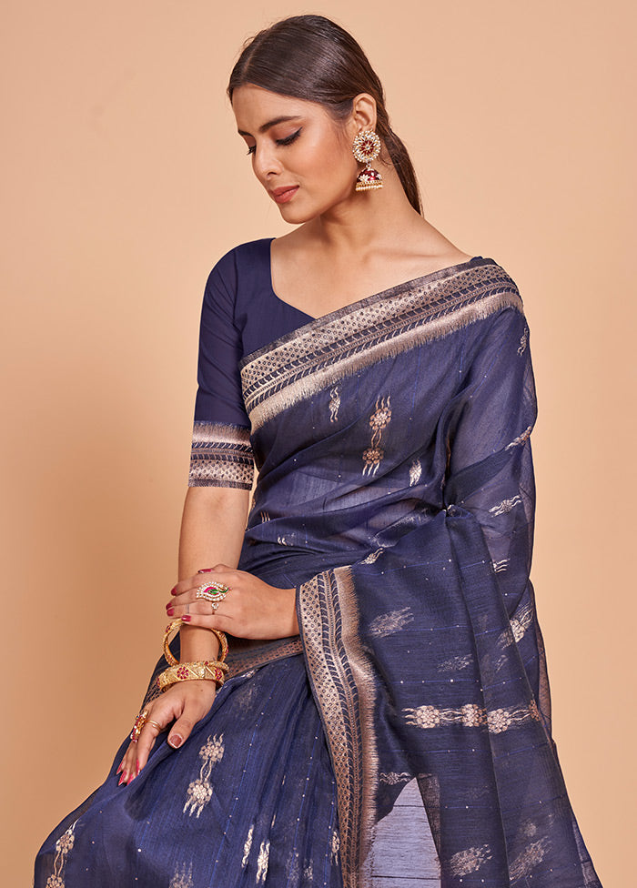 Blue Cotton Saree With Blouse Piece