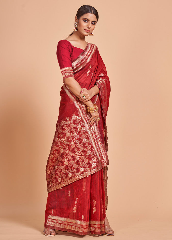 Red Cotton Saree With Blouse Piece