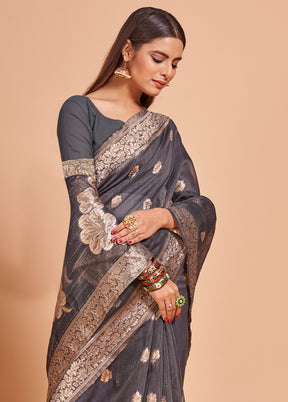 Grey Cotton Saree With Blouse Piece