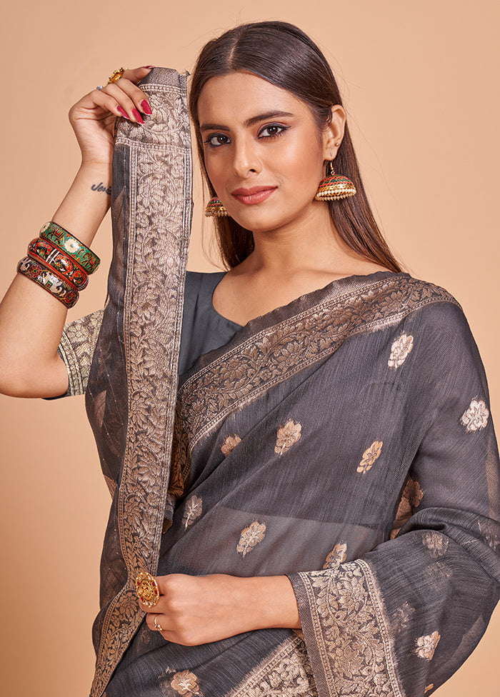 Grey Cotton Saree With Blouse Piece