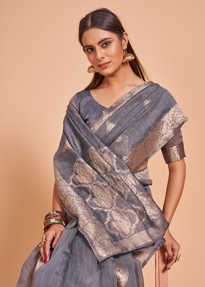 Grey Cotton Saree With Blouse Piece