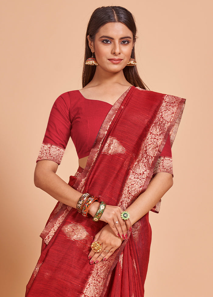 Red Cotton Saree With Blouse Piece