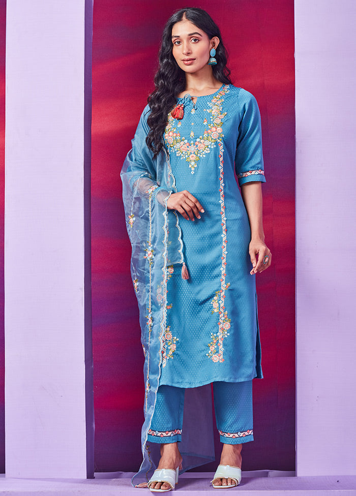 3 Pc Teal Blue Readymade Cotton Suit Set