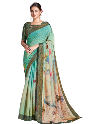 Sea Green Dupion Silk Saree With Blouse Piece