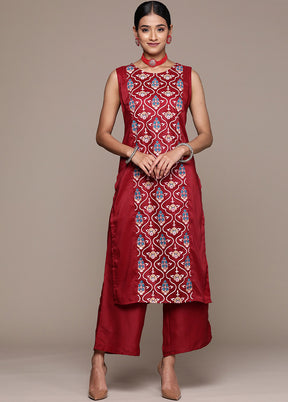 2 Pc Red Readymade Silk Kurti Set