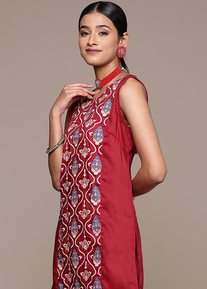 2 Pc Red Readymade Silk Kurti Set