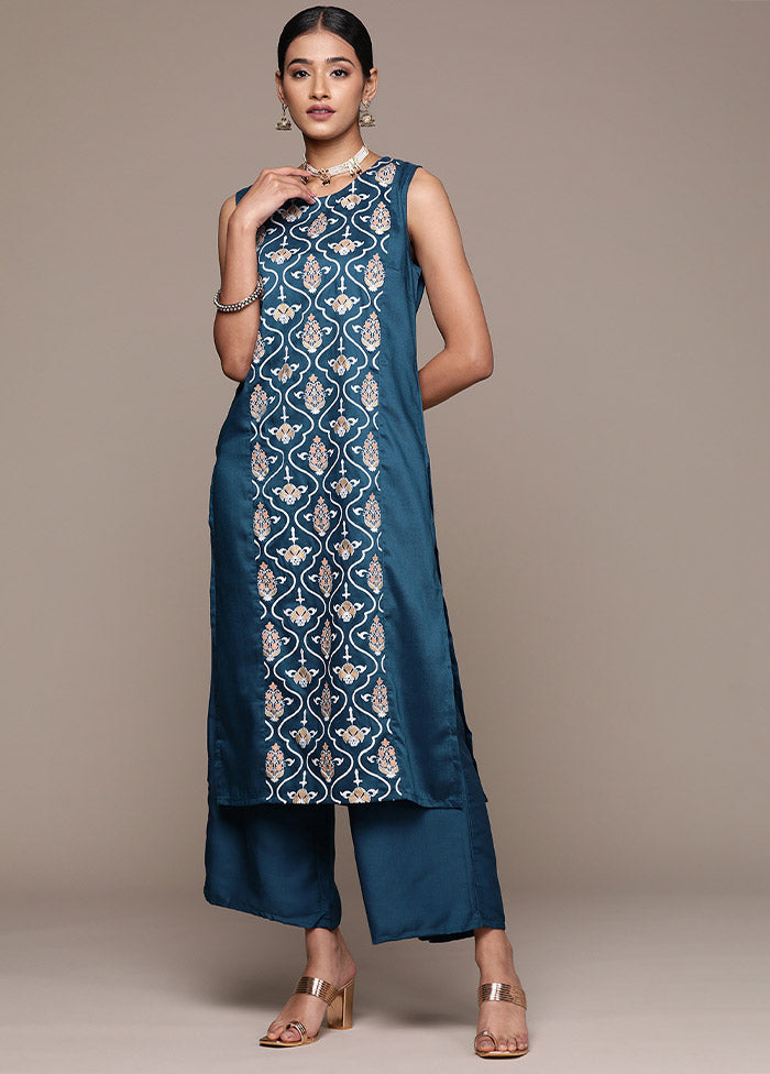 2 Pc Teal Blue Readymade Silk Kurti Set