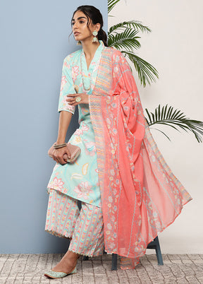 3 Pc Sky Blue Readymade Silk Suit Set