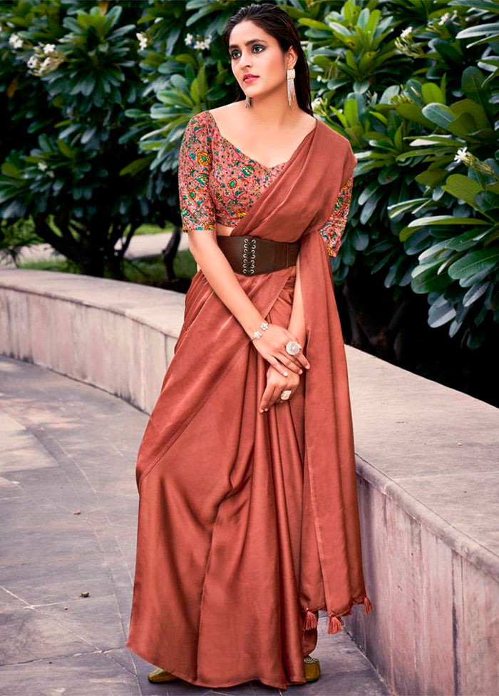 Brown Dupion Silk Saree With Blouse Piece