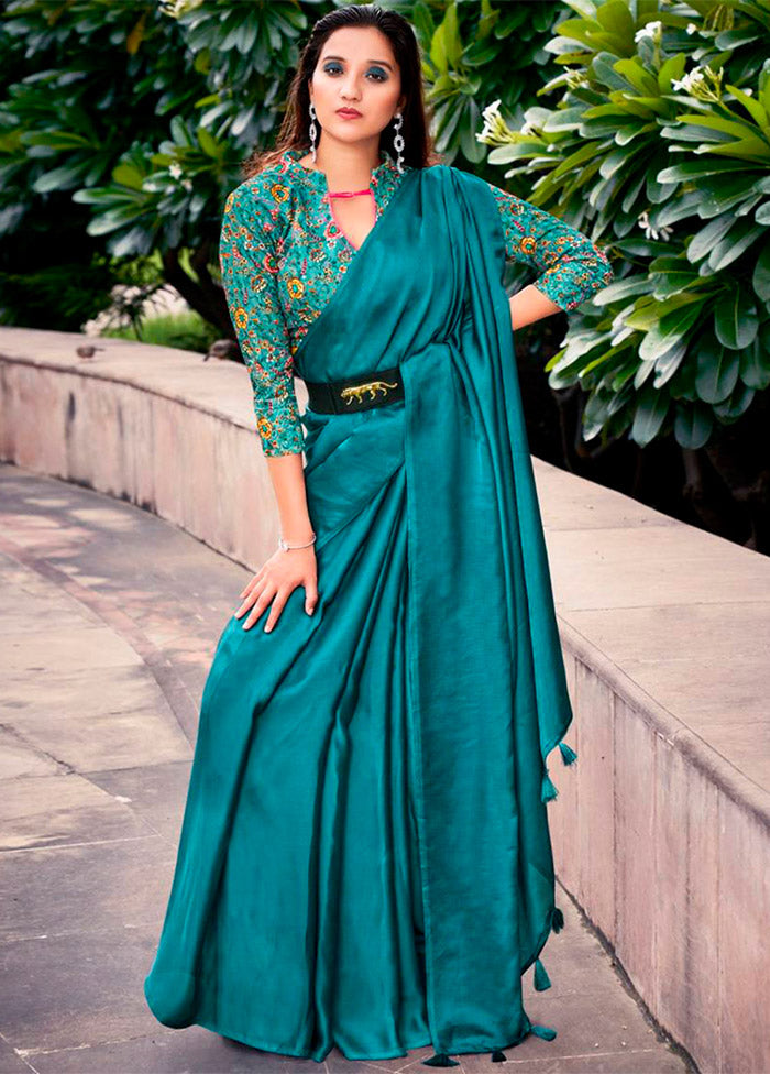 Sea Green Dupion Silk Saree With Blouse Piece