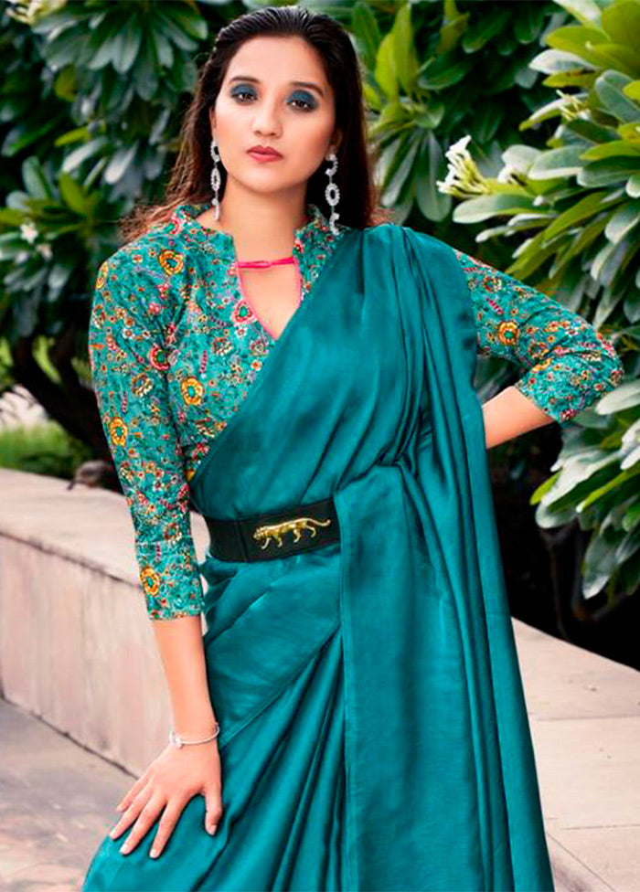 Sea Green Dupion Silk Saree With Blouse Piece