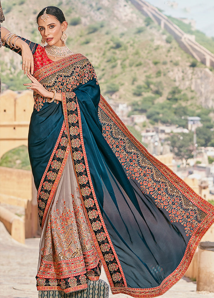 Teal Blue Silk Saree With Blouse Piece