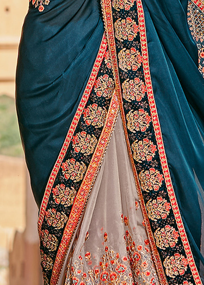 Teal Blue Silk Saree With Blouse Piece