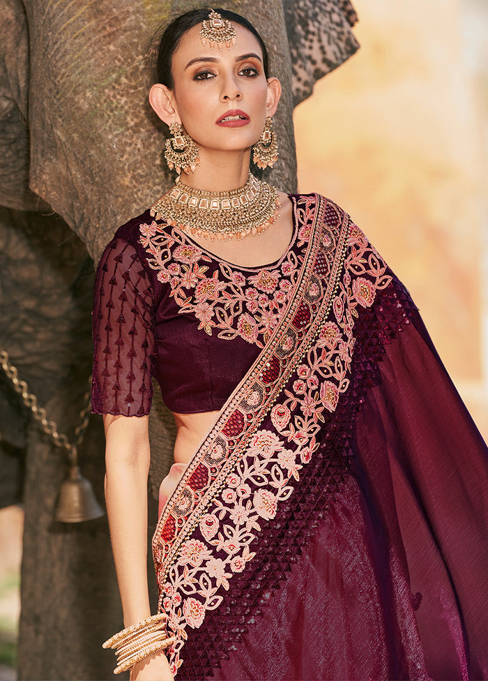 Wine Silk Saree With Blouse Piece