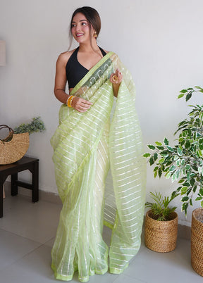 Pista Green Organza Saree With Blouse Piece