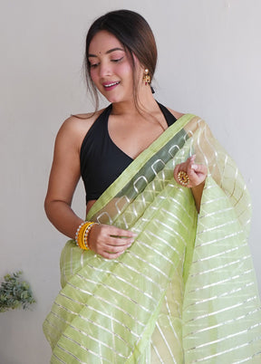 Pista Green Organza Saree With Blouse Piece