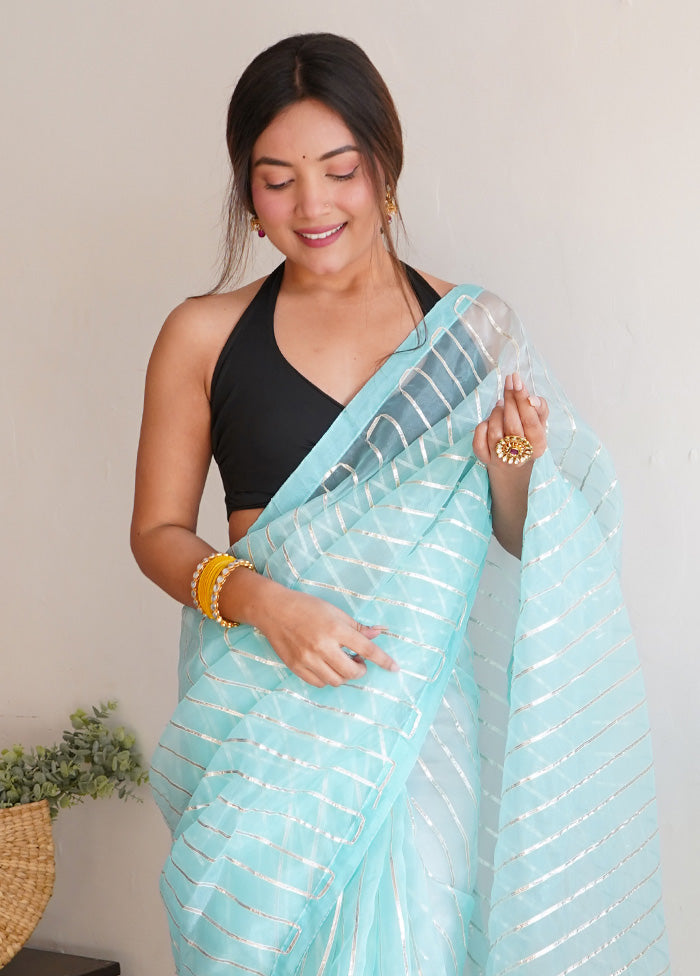 Sky Blue Organza Saree With Blouse Piece