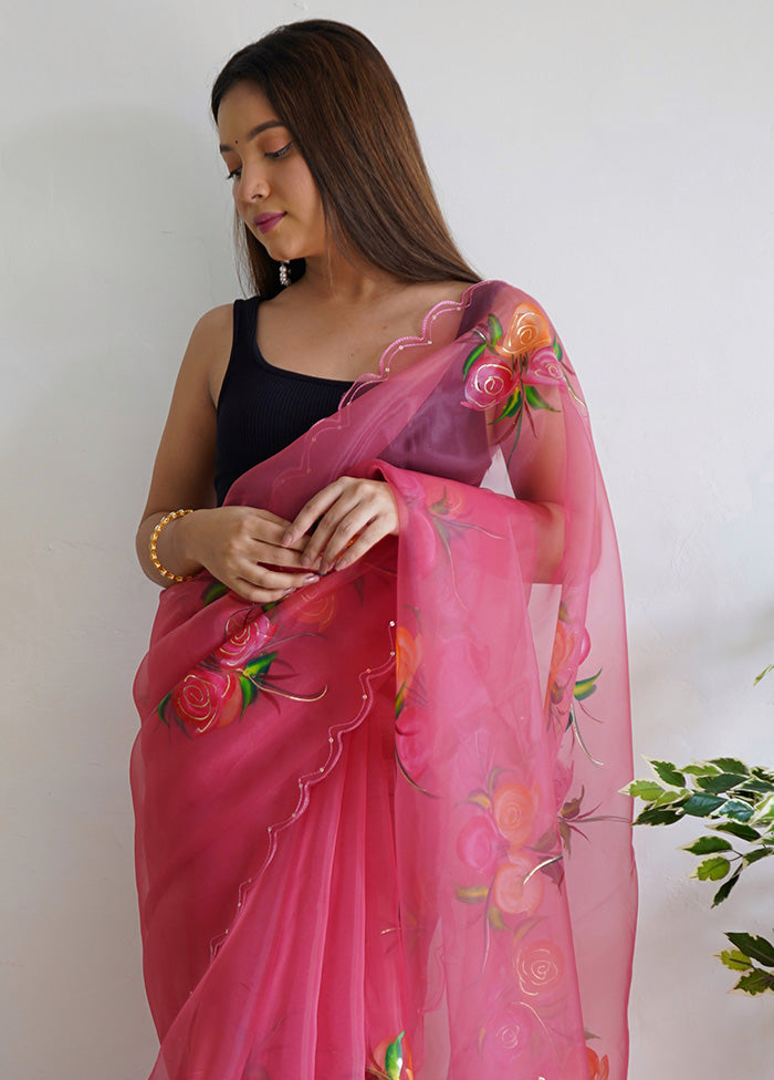 Pink Organza Saree With Blouse Piece