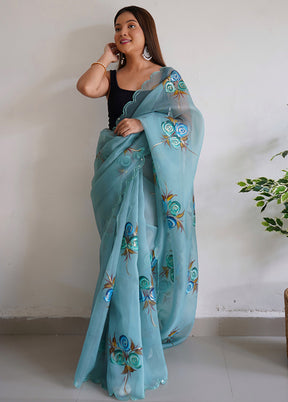 Sky Blue Organza Saree With Blouse Piece