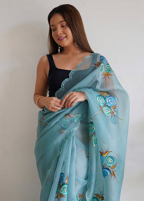 Sky Blue Organza Saree With Blouse Piece