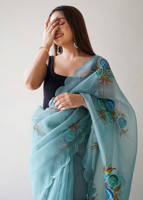 Sky Blue Organza Saree With Blouse Piece