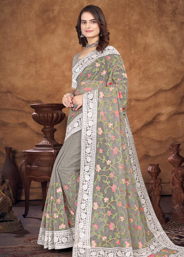 Grey Organza Saree With Blouse Piece