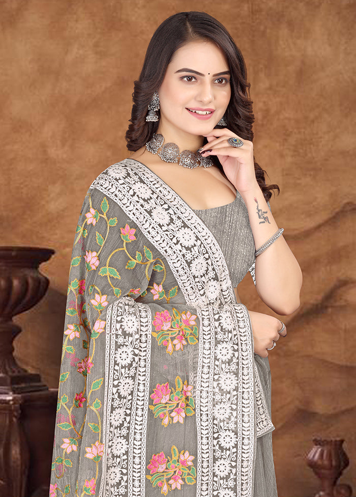 Grey Organza Saree With Blouse Piece