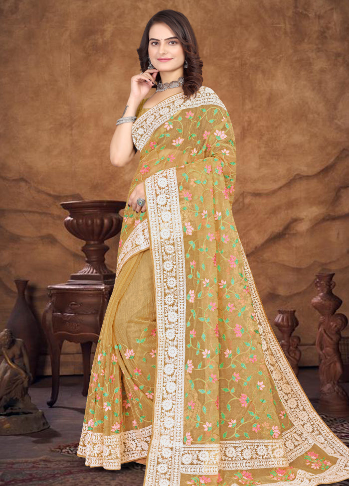 Mustard Organza Saree With Blouse Piece