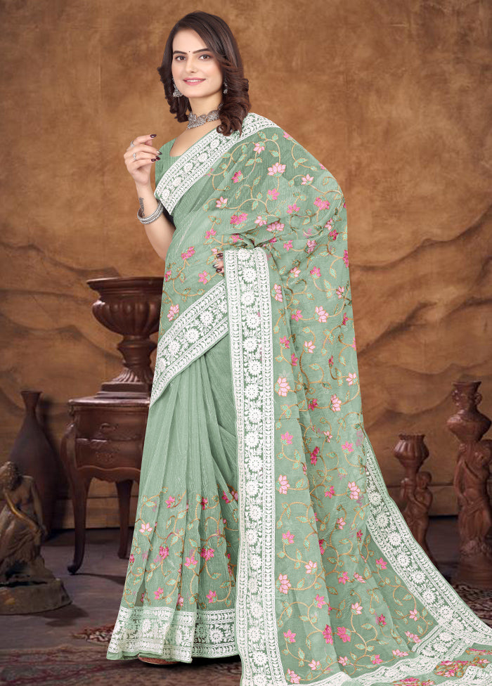 Pista Green Organza Saree With Blouse Piece