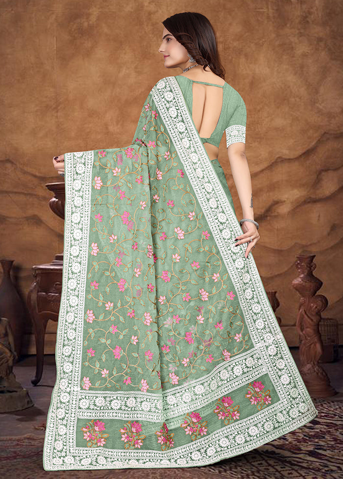 Pista Green Organza Saree With Blouse Piece