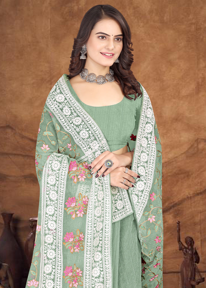 Pista Green Organza Saree With Blouse Piece