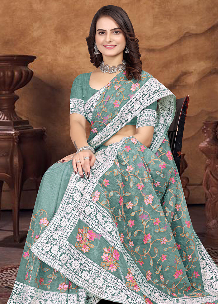 Green Organza Saree With Blouse Piece