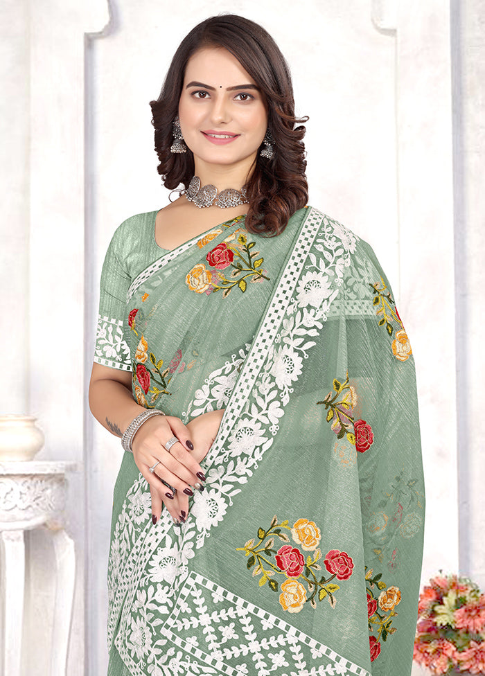 Pista Green Organza Saree With Blouse Piece